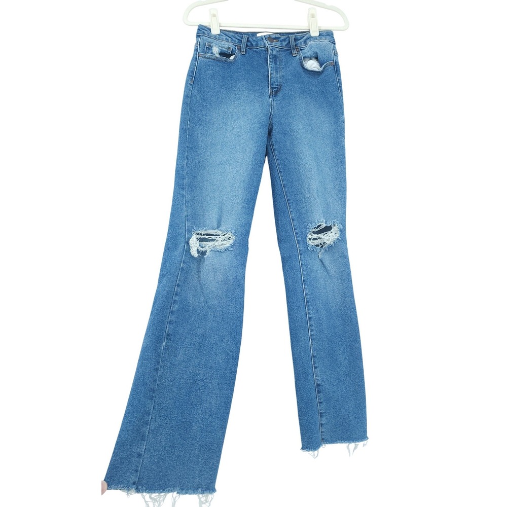RSQ High Rise Straight Leg Jeans Womens 28 Blue Distressed Raw Hem Y2K Grunge